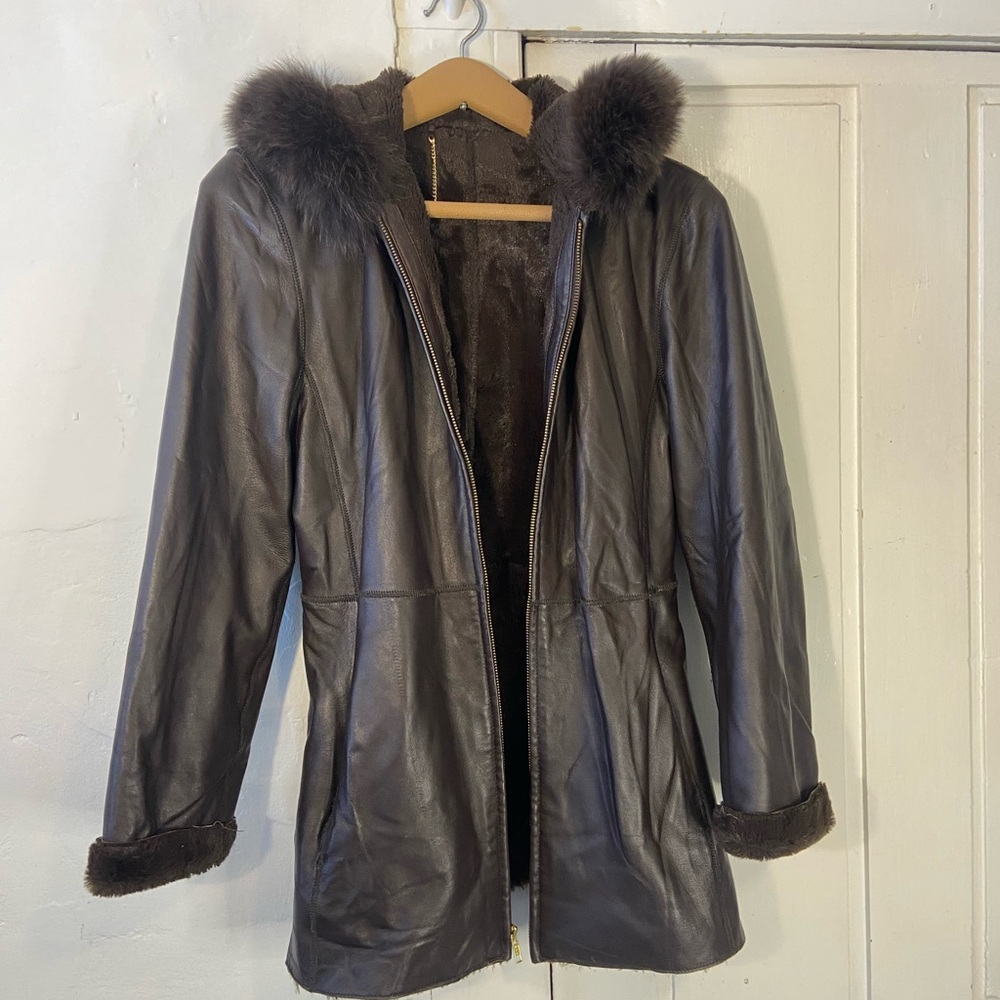 Ellen Tracy Dark Brown Leather Jacket Faux Fur Lined & Trim Womens Small